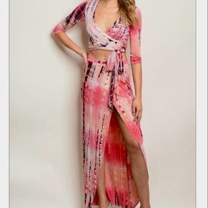 🌸 Pink Tie-Dye 2-Piece Set Wrap Crop Top & Maxi Skirt Festival or Beach Outfit S
